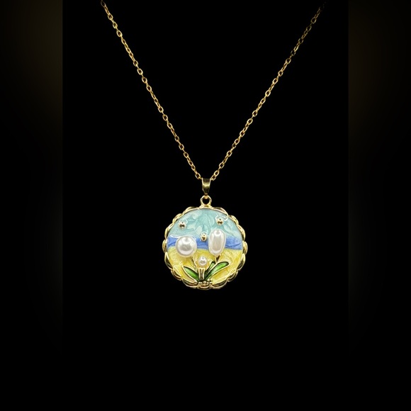 Pastel Enamel Flower Pendant w/ Faux Pearl Accents on Stainless Gold Tone Chain - Picture 2 of 12